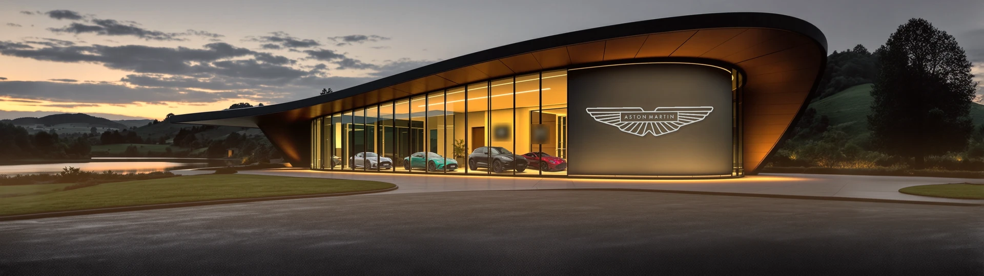 Здание Aston Martin с крылатым знаком на фасаде, вечер