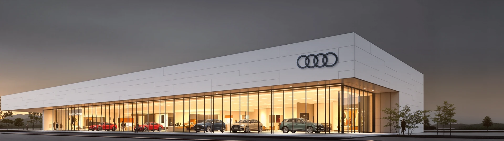 Здание Audi с четырьмя кольцами на фасаде, вечер
