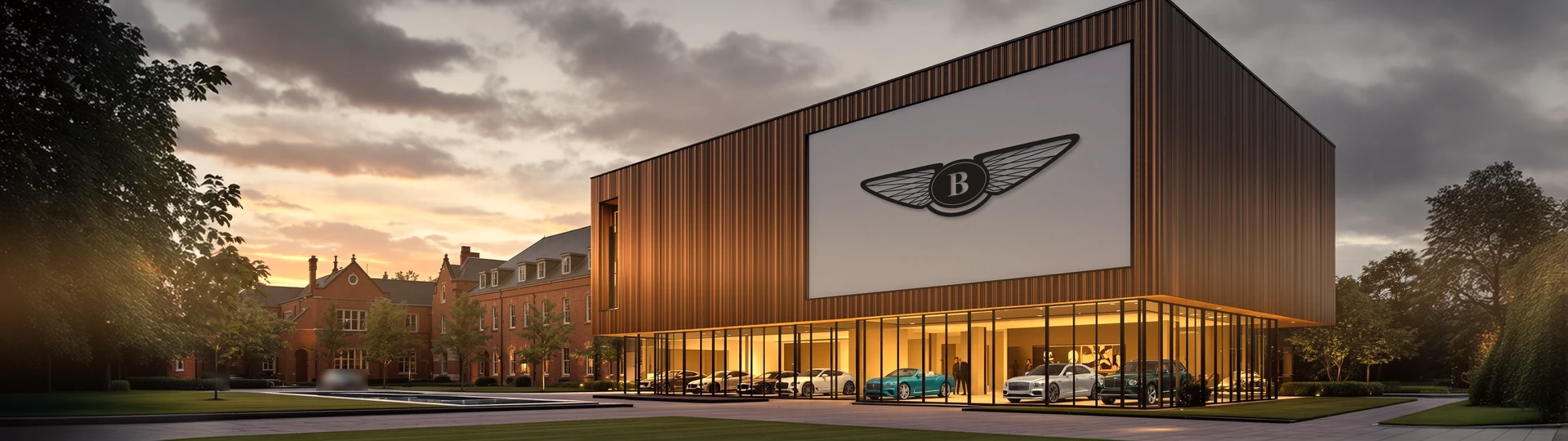Здание Bentley с крылатым знаком на фасаде, вечер