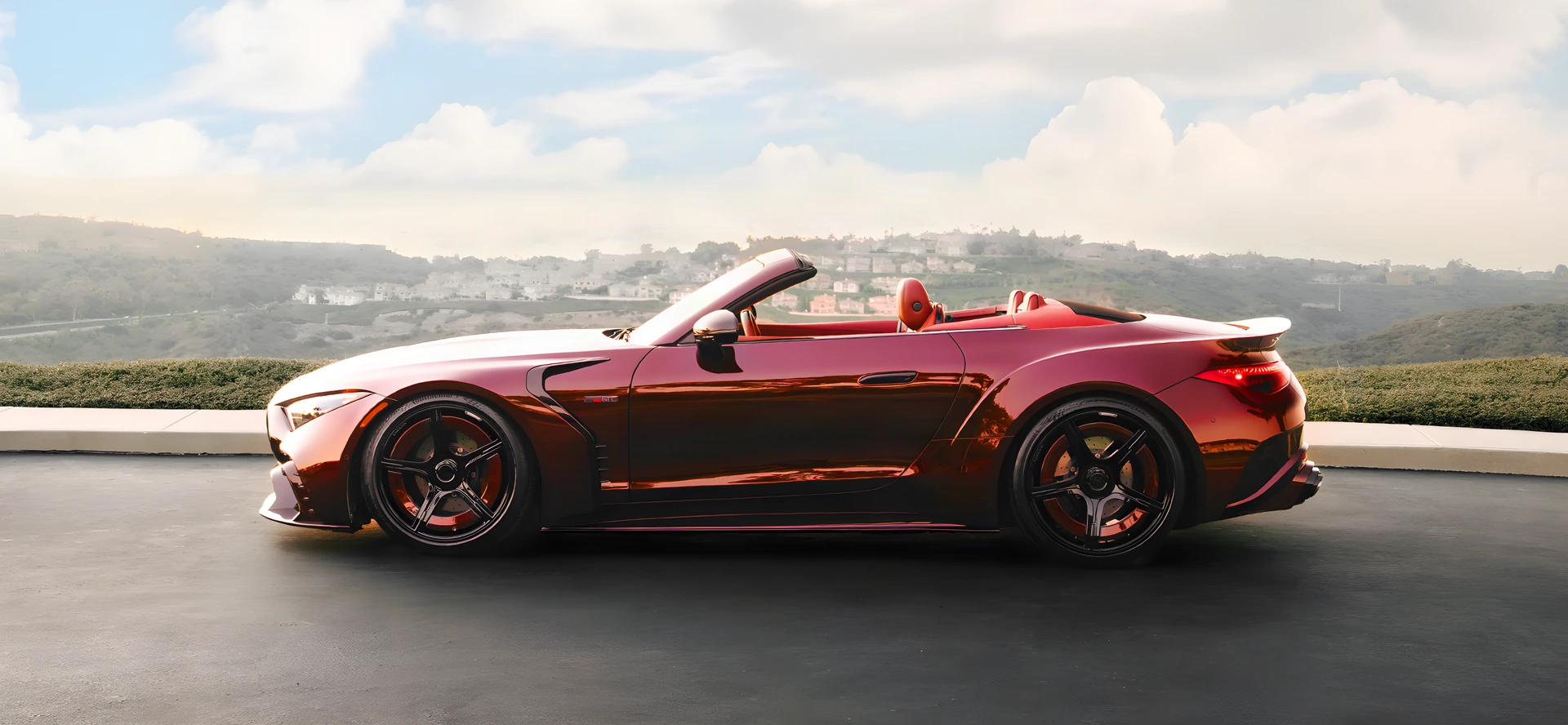 Brabus Rocket GTC Deep Red, красный кабриолет из карбона на горной дороге, вид три четверти спереди, пресс-фото Brabus