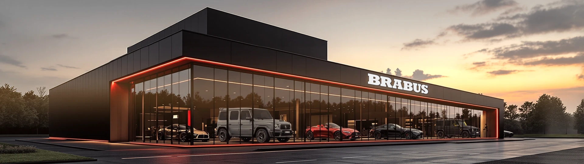 Здание Brabus с надписью на фасаде и красной световой линией, стеклянный зал с G 900 Rocket и Rocket GTC внутри, вечер