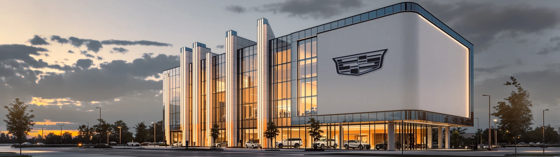 Здание Cadillac с гербом марки на фасаде, вечер