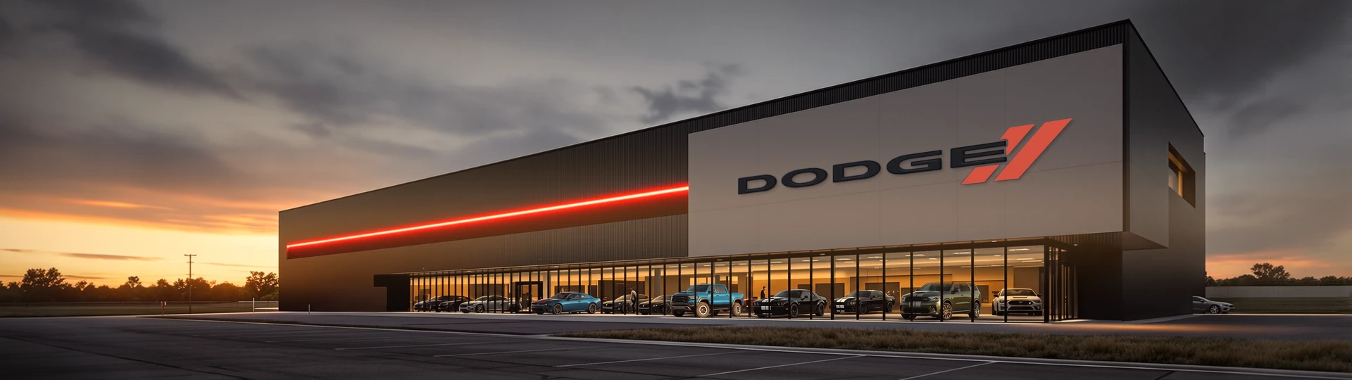 Здание Dodge с надписью марки на фасаде, вечер
