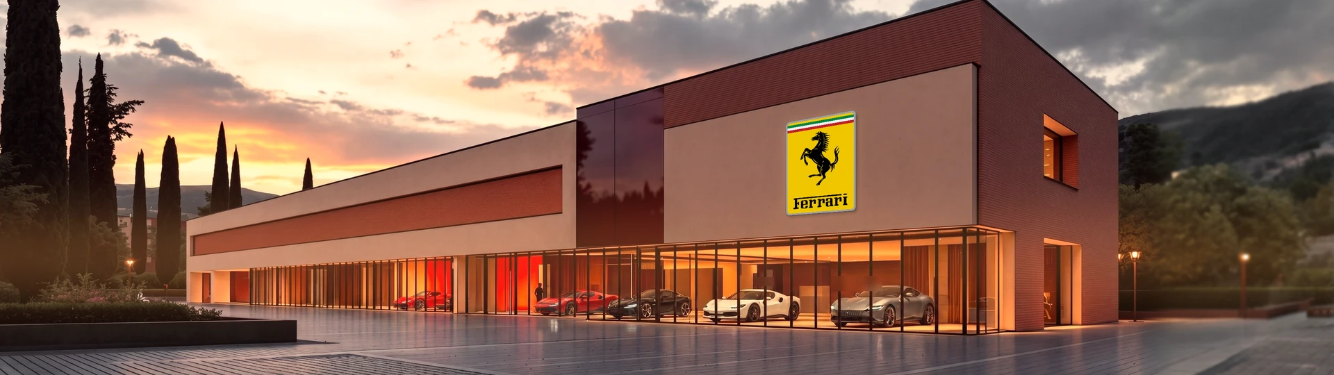 Здание Ferrari с гарцующим конём на фасаде, вечер