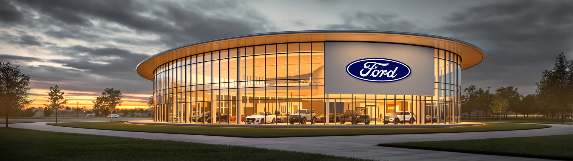 Здание Ford с синим овалом на фасаде, вечер