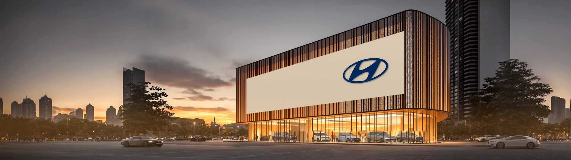 Здание Hyundai со знаком марки на фасаде, вечер
