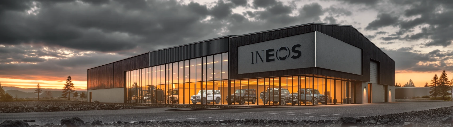 Здание INEOS с надписью марки на фасаде, вечер