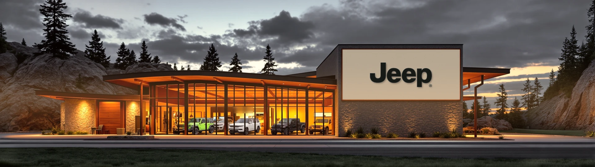 Здание Jeep с надписью марки на фасаде, вечер