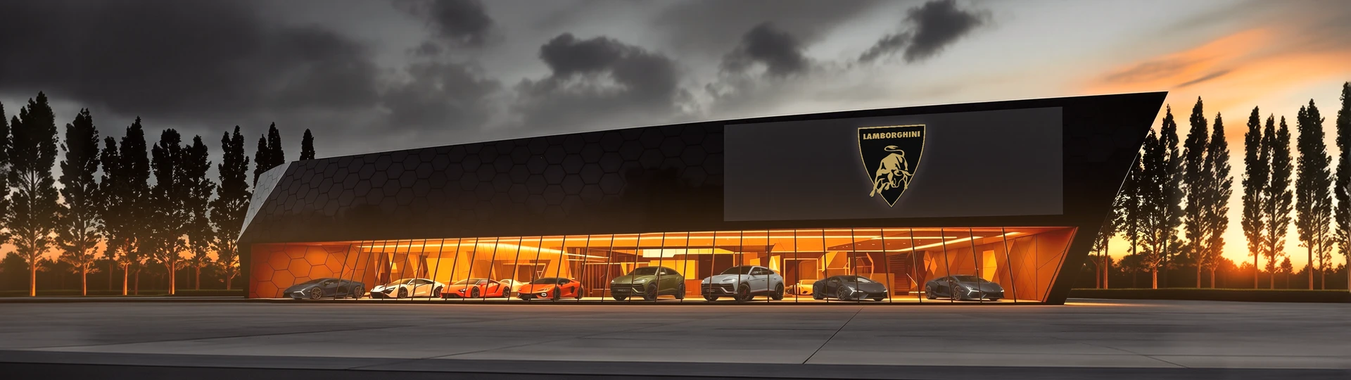 Здание Lamborghini с быком на фасаде, вечер