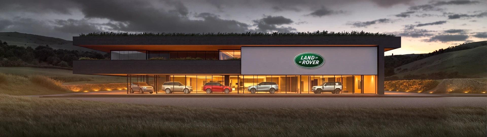 Здание Land Rover с зелёным овалом на фасаде, вечер