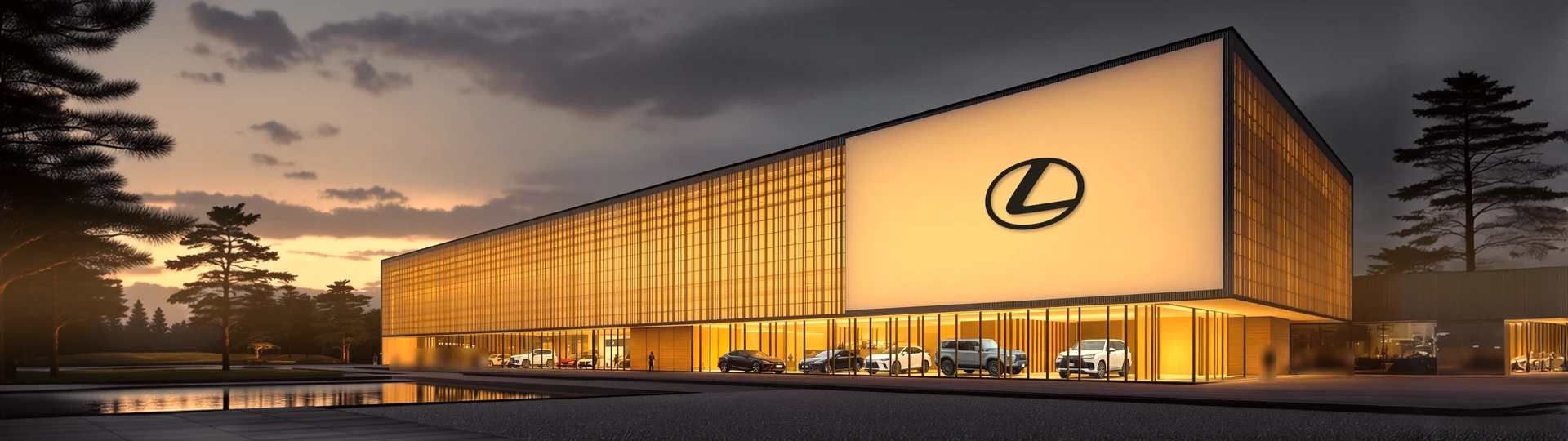 Здание Lexus со знаком марки на фасаде, вечер