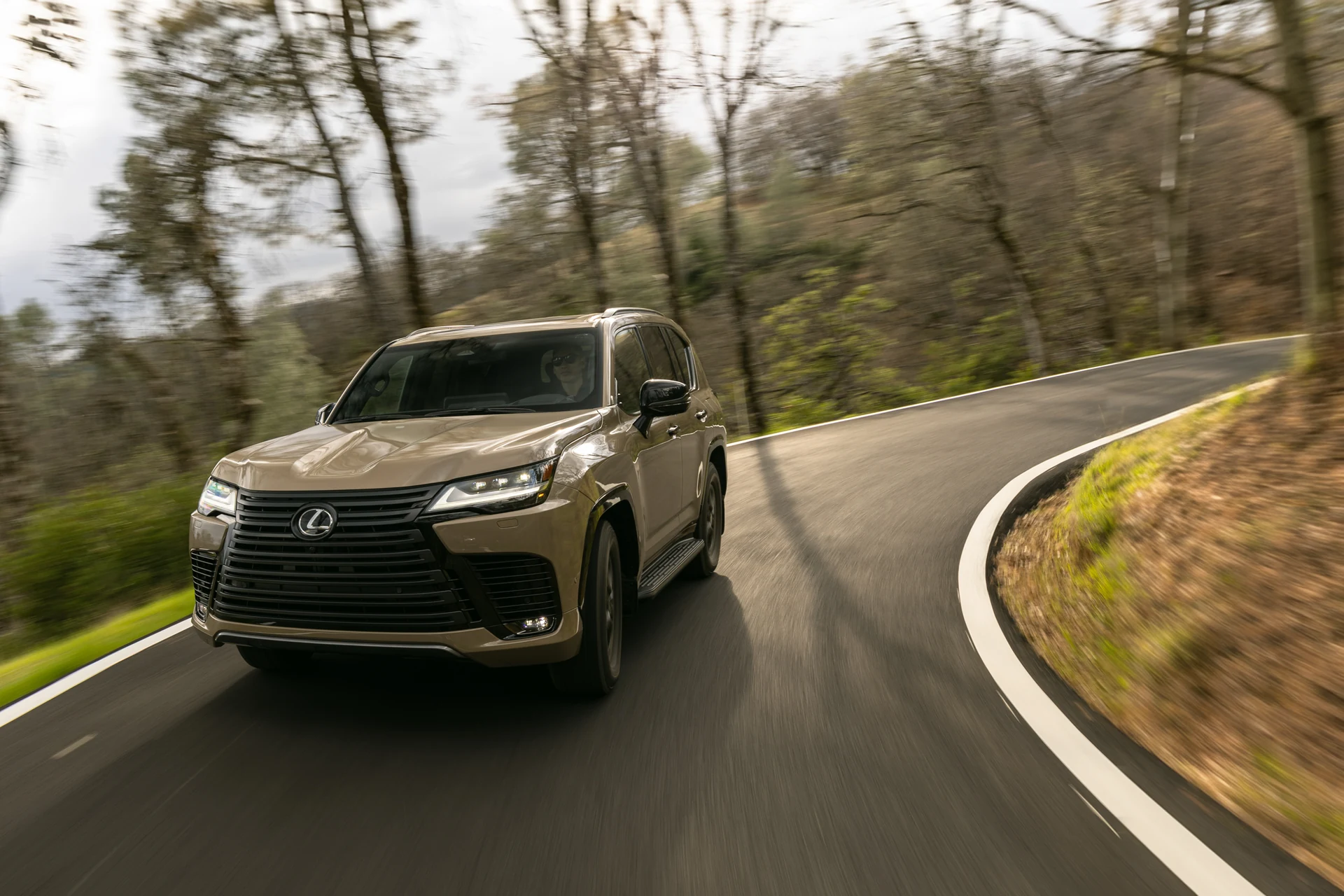 Lexus LX 700h в движении по лесной горной дороге