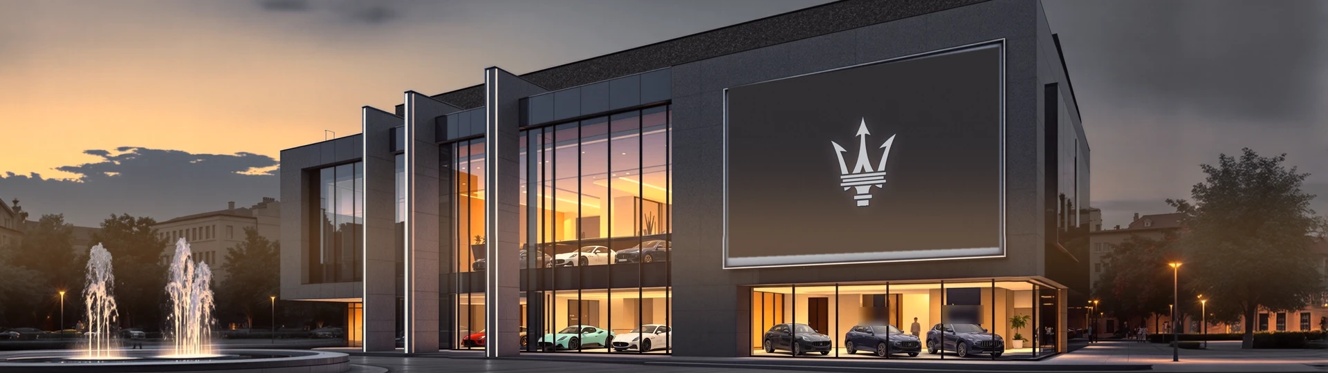 Здание Maserati с трезубцем на фасаде, вечер