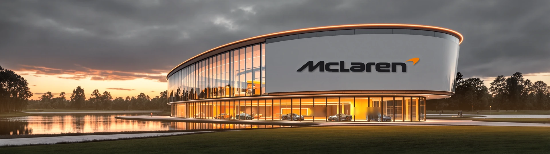 Здание McLaren с надписью марки на фасаде, вечер