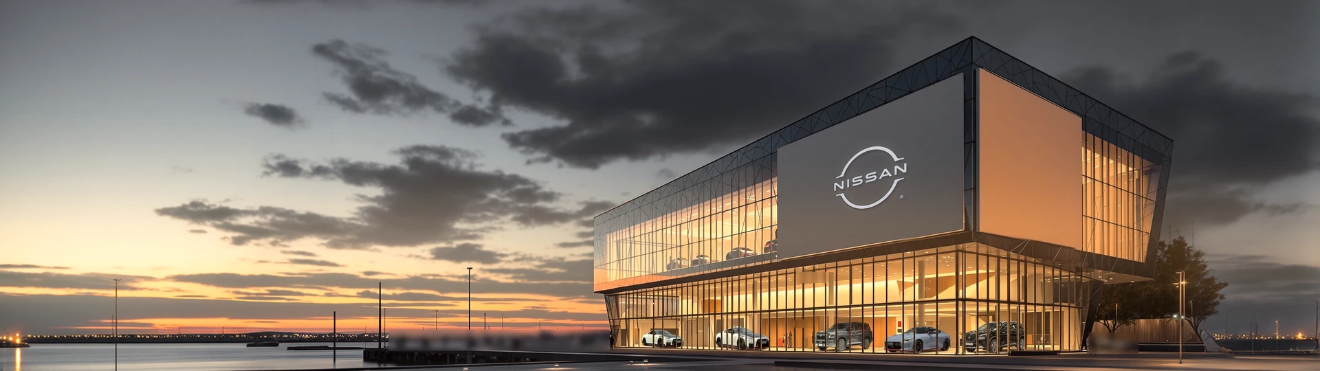 Здание Nissan со знаком марки на фасаде, вечер