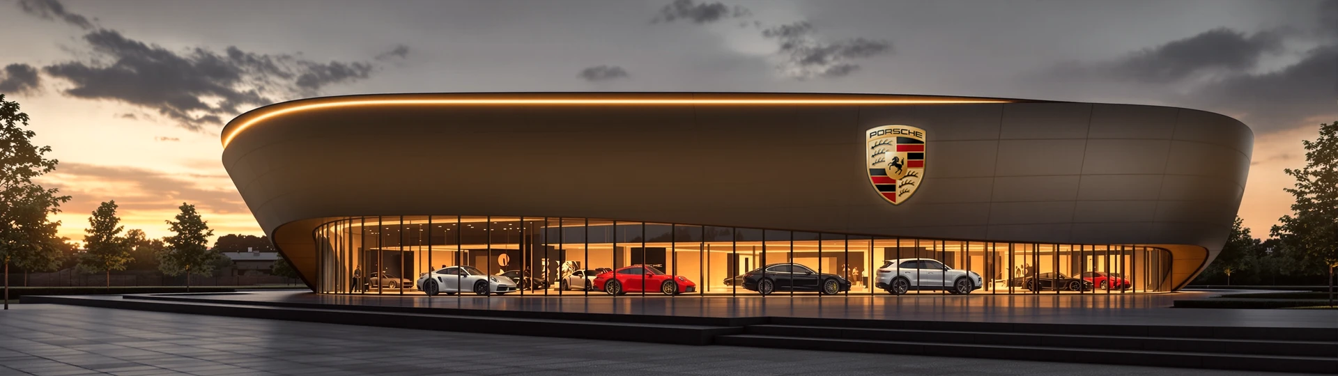 Здание Porsche с гербом на фасаде, вечер