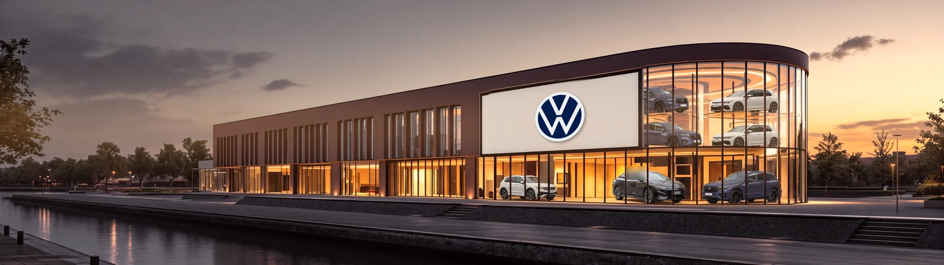 Здание Volkswagen со знаком марки на фасаде, вечер