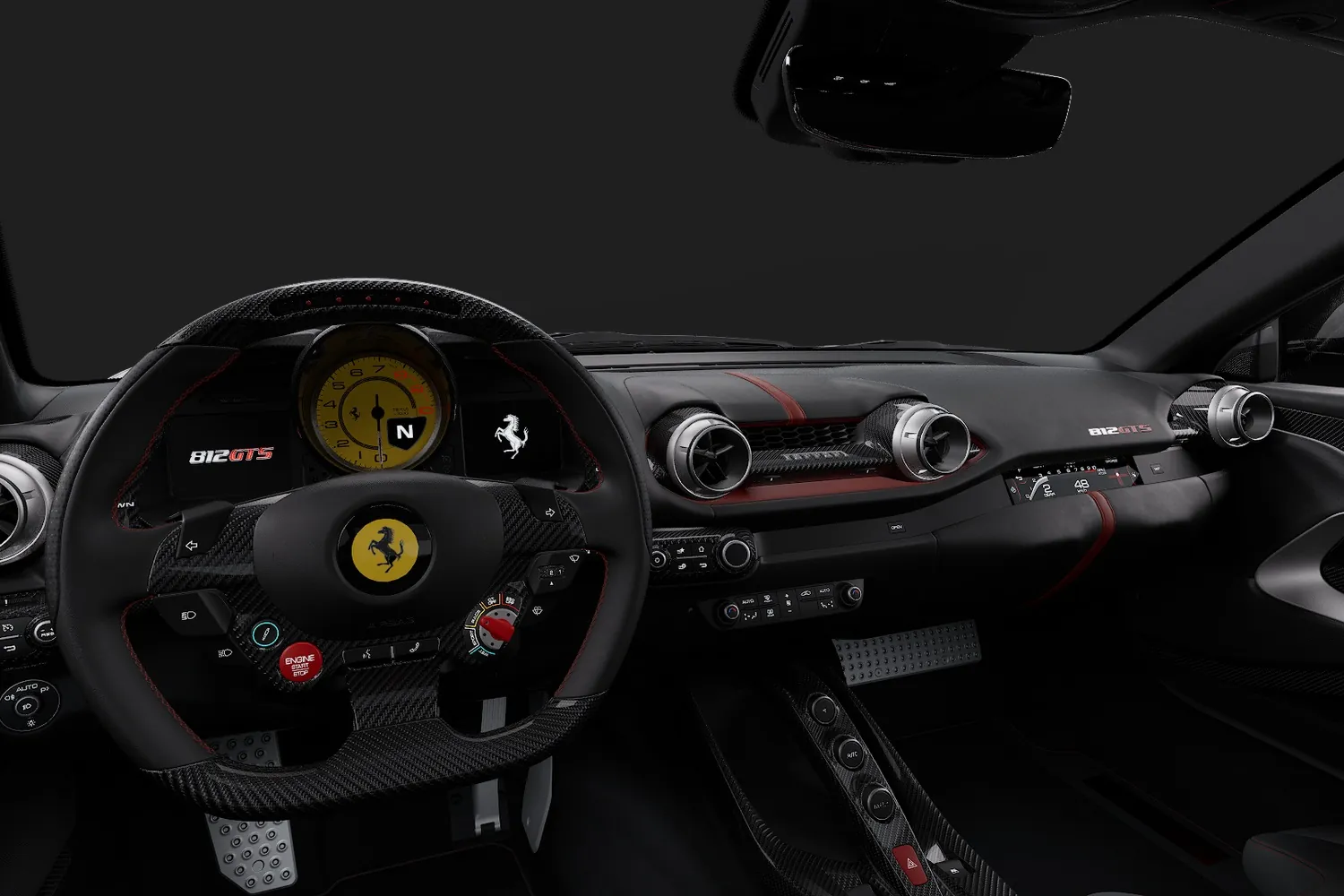 Ferrari 812 GTS: Руль с manettino и тахометр с жёлтой шкалой на месте водителя